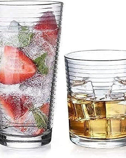 Glaver's Drinking Glasses Set of 12. Everyday Drinking Glasses. Mixed Drinkware Sets 6-17 oz Tall Kitchen Glass Cups, and 6-13 Oz Rocks Glasses. Ribbed Glassware Sets for Cocktail Beer Juice Water.