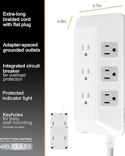 GE 9-Outlet Surge Protector, 2480J, 6ft. Braided Cord, Extensoin Cord for School, Home, Office, White – 82596