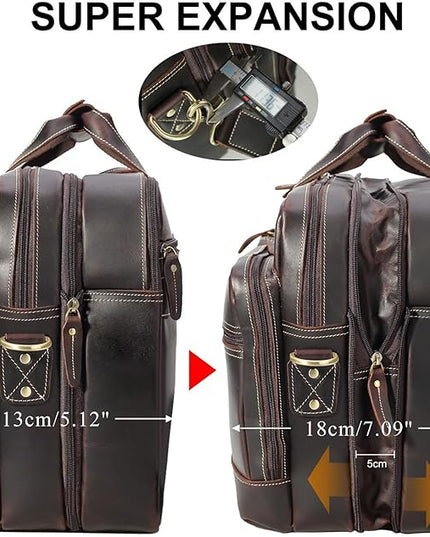 Leather Briefcase for Men Expandable Large 17 Inch Laptop Crossbody Shoulder Bag Business Travel Duffel Attache Case