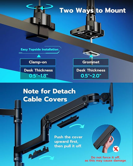 ARES WING Dual Monitor Stand for Ultrawide Heavy Duty Curved Monitor Stacking, Fits 17-49 Inch, Vertical Gas Spring Double Monitor Mount with USB, Adjustable Dual Monitor Mount for Desk, Black