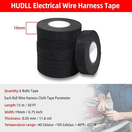 6-Pack Wire Harness Tape,Friction Tape 3/4-Inch by 50-Foot,High Temp Wire Cable Loom Self-Adhesive Tape for Automobile Electrical and Engine Wire Noise Dampening,Audio Wire Harness