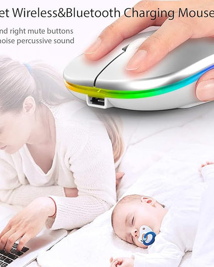 Q&F Tech Wireless Bluetooth Rechargeable Mouse/Mice, LED Slim Two Modes(2.4G+BT5.4) Silent/Quiet Buttons with 3 Adjustable DPI, for Computer/Desktop/PC/Laptop/MacBook/iPad/Tablet/iPhone_DeepGray