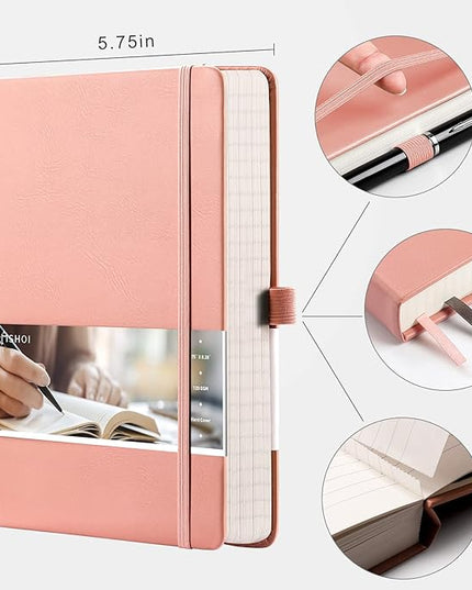 EMSHOI College Ruled Notebook-120gsm Thick Paper, 256 Numbered Pages Lined Journal for Women, 16 Perforated Pages, Faux Leather Hardcover, Inner Pocket, Pen Holder, A5 Medium 5.75" x 8.38"-Pink