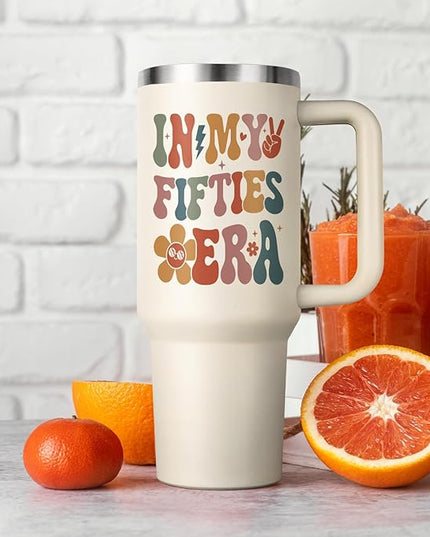 Shqiueos 50th Birthday Gifts for Her 40oz Tumbler with Handle and Straw Lid, 50 Year Old Gifts for Women, Mom, Wife, Sister, Friend, 50s Birthday Decoration-In My Fifties Era Cup Water Bottle