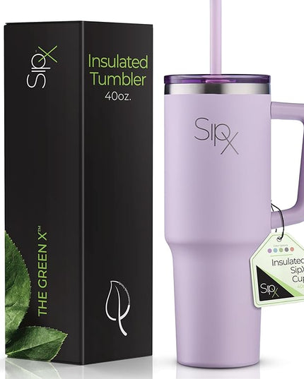 SIPX™ 40 oz Insulated Tumbler with Handle & Straw – Vacuum Insulated Stainless Steel, Leakproof, Cupholder Friendly – Perfect for Iced Coffee, Water & Travel – Purple