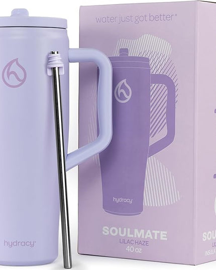 Hydracy Soulmate 40oz Tumbler with Handle and Flip Straw - 100% Leakproof Reusable Insulated Cup with Stainless Steel Straw - Cupholder Friendly Rubber Base Travel Mug - Lilac Haze