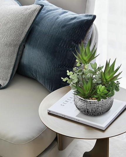 11” Large Succulents Aloe Plants Artificial in Ceramic Pots Potted Faux Succulent Eucalyptus Arrangement with Black Bowl Pots Fake Desk Succulents Plants for Home Bathroom Shelf Table Indoor Decor