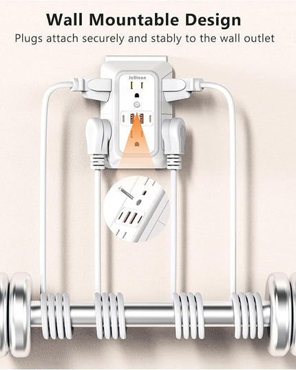 USB Wall Charger Power Strip Surge Protector with 4 USB Ports (2 USB C) Plug Extension Multiple Outlets Plug Extension Multi Outlet Plug in Adapter Spaced Outlets for Home Office Travel,White (White)