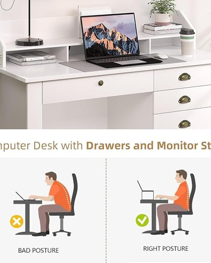 4 EVER WINNER White Desk with Drawers, Small Desk with File Drawer for Small Spaces, Writing Desk with Monitor Stand Wood Table for Home Office, White