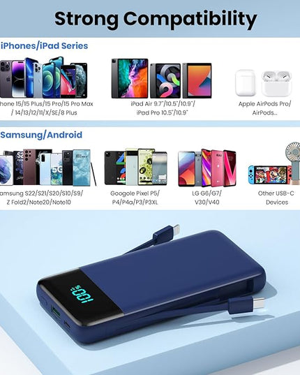 Portable Charger for iPhone with Built in Cables and Wall Plug,Upgraded 13800mAh Fast Charging USB C Power Bank,4 Outputs Travel Essential Battery Pack Compatible with iPhone 17/16/15/14,Samsung-Blue