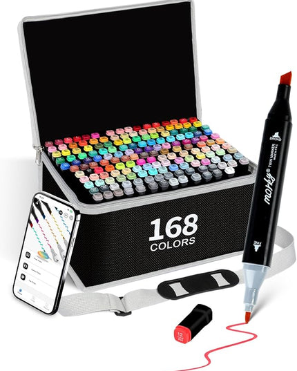 168+2 Colors Alcohol Markers with Free App, Chisel & Fine Tip Alcohol-Based Marker Set for Adults, Dual Tip Artist Markers for Drawing, Coloring Illustration, Painting and Great Gift Idea