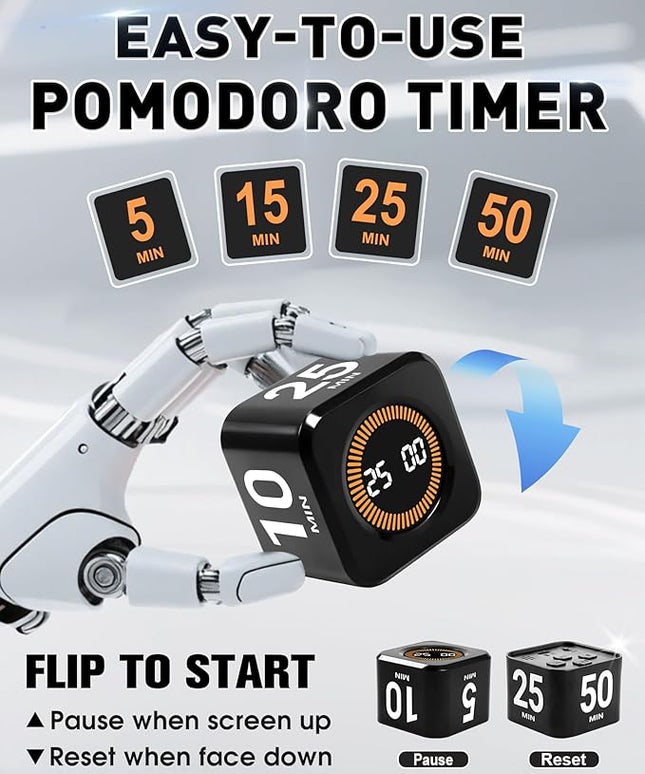 Pomodoro Timer Cube for Productivity — 5/25/10/50 Minutes Preset, Digital Gravity Sensor Desk Visual Timer for ADHD, Silent Mode, Ideal for Office, Study, Kitchen & Kids