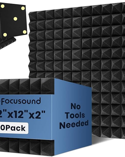 Focusound Acoustic Panels 50 Pack 2"x12"x12" with 300 PCS Double-Side Adhesive - Sound Proof Pyramid Foam for Walls, Home Studio Noise Absorption & Echo Control Kit