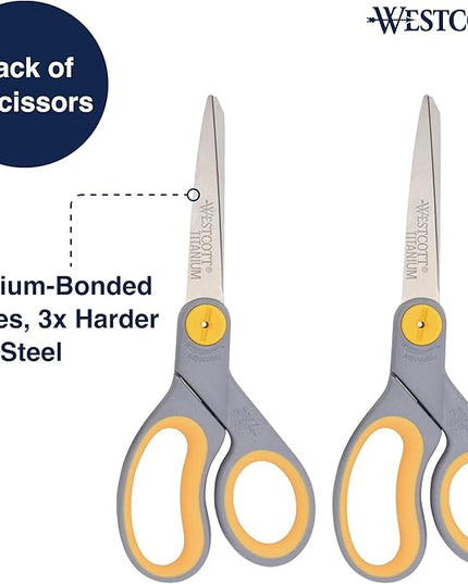 Westcott 8” Titanium Bonded Scissors with Adjustable Glide and Soft Handle, 2-Pack- Durable Multipurpose Scissors for Office, Home, and School Use, Sharp Precision Blades for Everyday Cutting