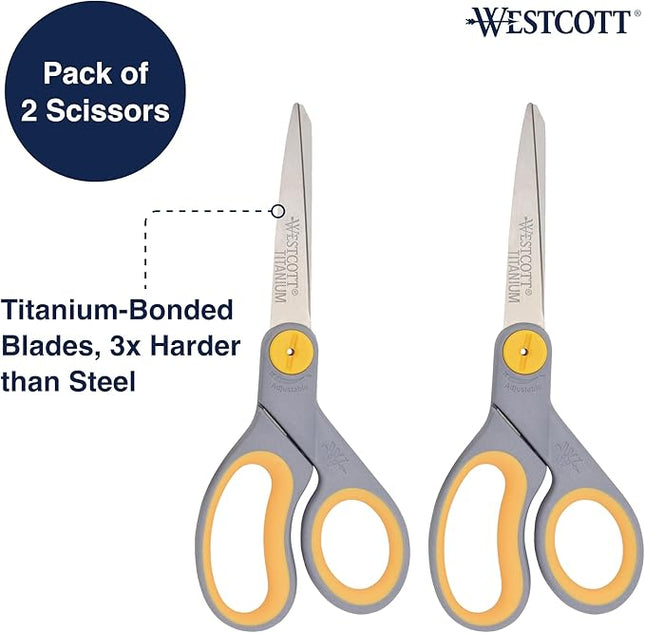Westcott 8” Titanium Bonded Scissors with Adjustable Glide and Soft Handle, 2-Pack- Durable Multipurpose Scissors for Office, Home, and School Use, Sharp Precision Blades for Everyday Cutting