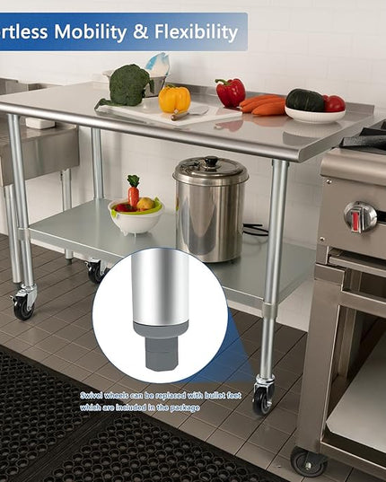 HARDURA Stainless Steel Table 24 x 60 Inches with Wheels Casters NSF Heavy Duty Commercial Prep Table with 2” Backsplash and Adjustable Undershelf for Restaurant Kitchen Home and Hotel