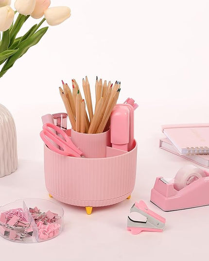 SKYDUE Pink Desk Accessories 10Pcs, Rotating Pen Holder for Desk, Stapler, Staple Remover, Tape Dispenser,2pcs Tape Refills, Binder Paper Clips Kit, Scissor,Pink Office School Supplies