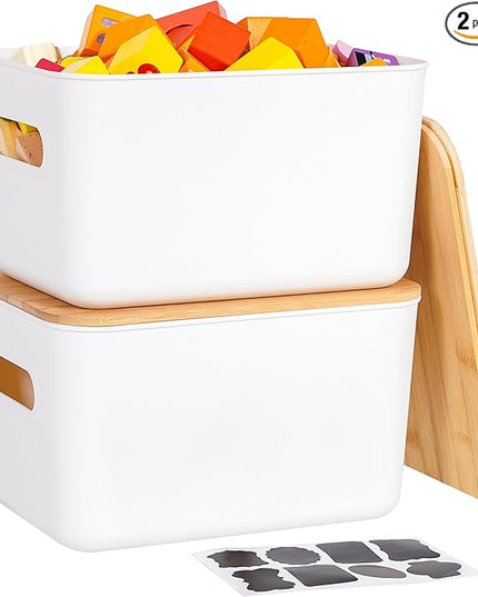 Citylife 2 PCS Storage Bins with Bamboo Lids Plastic Storage Containers for Organizing Stackable Storage Box with Handle, 10.23 x 7.08 x 6.3 inch