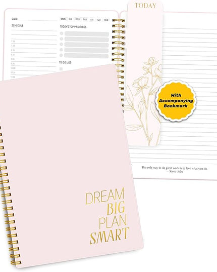 Decorably 168 Pages Daily Planner Undated Notebook with Hourly Schedule - 6.3x9.3in Gold Spring-Bound, with Top Priorities, to-dos, Notes, Ideas & Inspirational Quotes - Home, School, Office