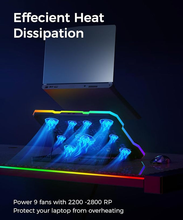 ChillCore Laptop Cooling Pad, RGB Lights Laptop Cooler 9 Fans for 15.6-19.3 Inch Laptops, Gaming Laptop Fan Cooling Pad with 8 Height Stands, 2 USB Ports - A21 Blue