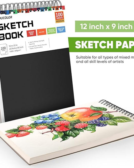 Soucolor 9" x 12" Sketch Book, 100 Sheets Top Spiral Bound Sketchbook with Acid-Free 68lb/100gsm Drawing Paper, Art Sketch Pad for Kids, Adults & Artist, Professional Art Supplies for Beginners