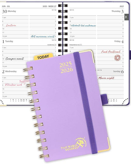 POPRUN Pocket Planner 2025-2026 (Spiral Hardcover - 4''x 6.25''), Daily Weekly and Monthly (July 2025 - June 2026) with Hourly Time Slots, for Purse, 100 GSM - Violet