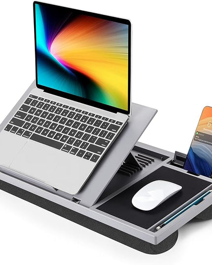 LORYERGO Adjustable Laptop Desk with Cushion, Mouse Pad & Cellphone Slot - Laptop Stand for Bed & Couch, Riser for Home & Office (Grey)