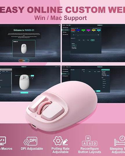 YUNZll C1 Silicone Wireless Mouse, Tri-Mode 2.4G/USB-C/Bluetooth Mouse, 4800 DPl Optical Tracking, 6 Adjustment Levels,Customize Mice for Laptop, Computer, iPad, MacBook (Pink)