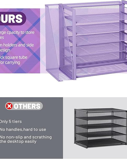 Simple Trending 6 Tier Desk File Organizer, Paper Letter Tray Organizer with File Holder and Pen Container, Purple
