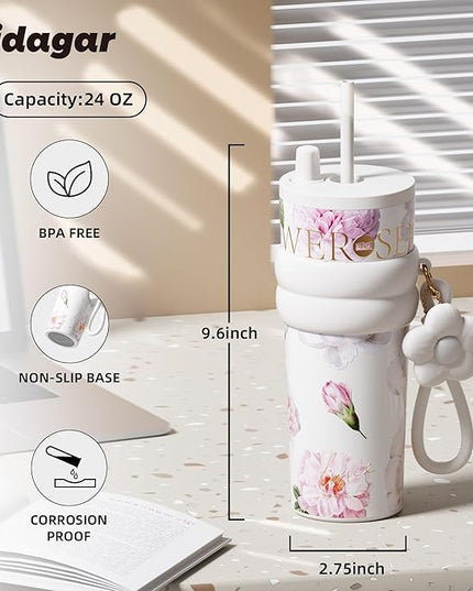 24 oz Stainless Steel Tumbler with Lid and Straw, Insulated Coffee Mug, Leak Proof, Portable Iced Travel Water Bottle, Reusable Thermal Coffee Cup, Floral White