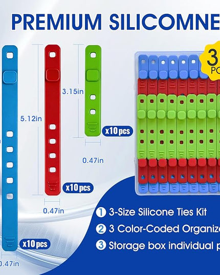 AROIC 30Pcs Reusable Silicone Cable Ties, 3-Size Adjustable Cord Organizer Set for Home Office & Travel Essentials - Under Desk Cable Management, Wire Organizer for Computer, Kitchen, Data Cords