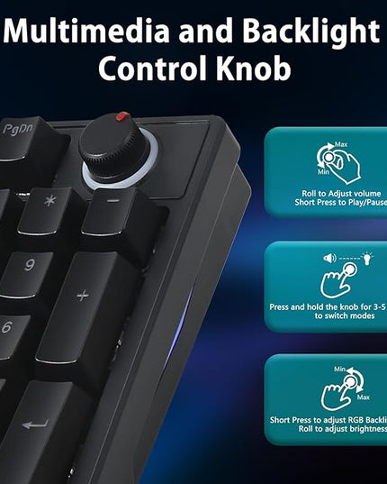 HUO JI Mechanical Gaming Keyboard Wired, 17 LED Backlit Modes, Liner Red Switch, Volume Knob, Anti-Ghosting, Double-Shot Shine Through Keycaps, 96% Light Up Keyboard for PC Mac