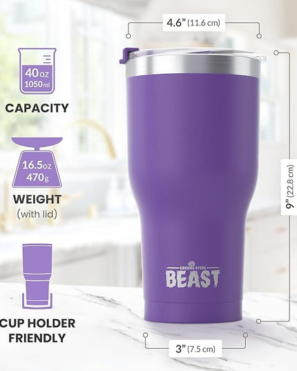 Beast 40 oz Tumbler Stainless Steel Vacuum Insulated Coffee Ice Cup Double Wall Travel Flask (Purple)