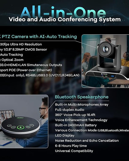 TONGVEO 4K PTZ Conference Room Camera System AI Auto-Tracking 20x Zoom 4K PTZ Camera USB3.0 HDMI LAN outputs and Bluetooth Speakerphone with Microphone for Large Remote Meeting