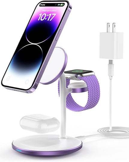 XooFly 3 in 1 Wireless Charging Station for Apple Devices, Fast Wireless Mag-Safe Charger Stand with 20W Adapter for iPhone 17/16 15 14 13 12 Pro Max/Pro/Plus/Air/Mini, iWatch, AirPods (Lavender)