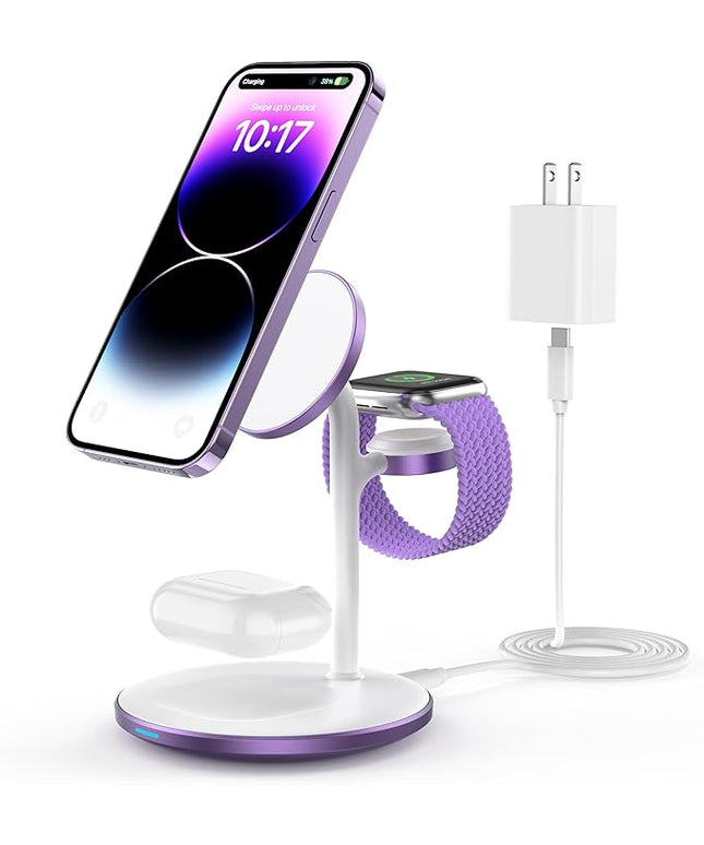 XooFly 3 in 1 Wireless Charging Station for Apple Devices, Fast Wireless Mag-Safe Charger Stand with 20W Adapter for iPhone 17/16 15 14 13 12 Pro Max/Pro/Plus/Air/Mini, iWatch, AirPods (Lavender)