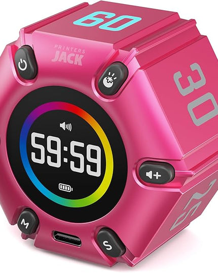 Printers Jack, Visual Pomodoro Timer, Productivity Cube Timer, Mute & Vibration & Adjustable Sound Alert, for Office, ADHD, Study, Work, 3/5/10/25/30/60min & Custom Countdown - Hot Pink