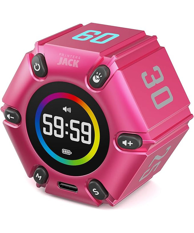 Printers Jack, Visual Pomodoro Timer, Productivity Cube Timer, Mute & Vibration & Adjustable Sound Alert, for Office, ADHD, Study, Work, 3/5/10/25/30/60min & Custom Countdown - Hot Pink
