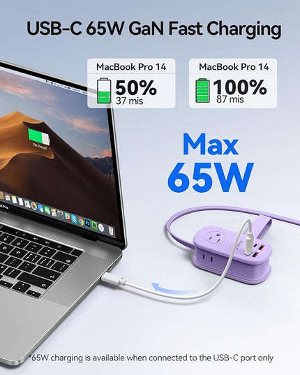 ORICO 65W GaN Travel Power Strip with 7-in-1 Charging Ports (3 AC Outlets/2 USB-A/2 USB-C), Flat Plug and 4FT Extension Cord, Fast Charger for MacBook Pro/Air, iPad Pro, iPhone 17/16/15- AP3