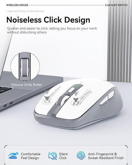 Wireless Mouse (Bluetooth & 2.4GHz USB) with Forward/Backward Side Keys, Silent Click, Ergonomic Portable AA Battery Mice for Laptop/Mac/iPad - Office & Travel Use, White & Grey