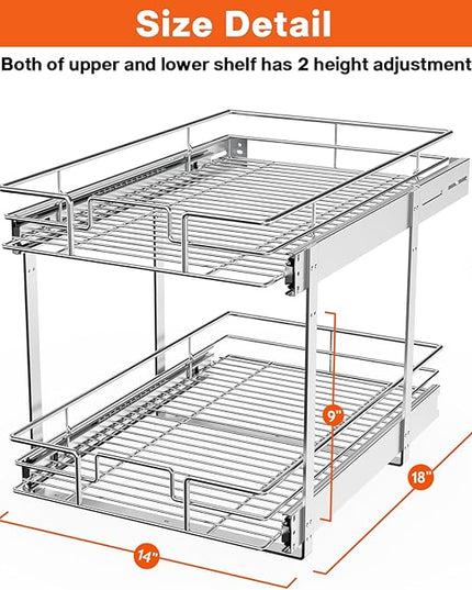 ROOMTEC Individual Pull Out Cabinet Organizer (14" W x 18" D), 2 Tier Spice Rack Organizer for Cabinet, Slide Out Drawer Pantry Shelf Organization and Storage for Kitchen Bathroom