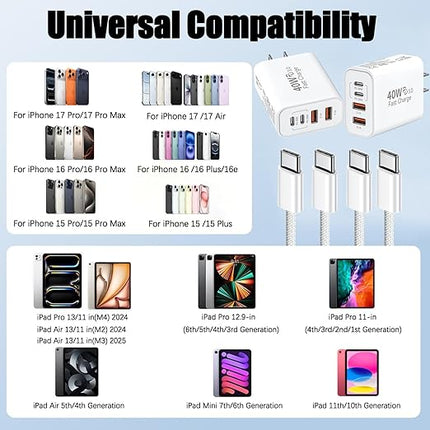 iPhone 17 16 Charger,4-Port USB C Charger Block Fast Charging 2Pack 40W Apple Wall Charger with 10FT USB C to C Woven Braid Cable Cord for iPhone 17 Pro Max/17 Pro/17/Air/16e/16 Pro Max/16 Plus/15