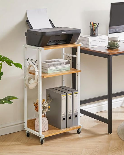 YMYNY Mobile Printer Stand, 3-Tier Printer Cart with Adjustable Storage Shelf and 6 S-Hooks, Tall Printer Table for Home Office, for Computer Tower Stand, Shredder, CPU Stand, Natural, UHPT002N