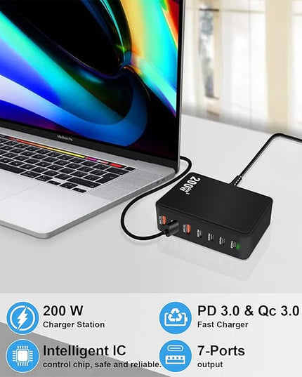 USB C Charger Charging Station 200W 7-Port GaN Fast Charging Block PD 3.0 TypeC and USB A Wall Charger Laptop Power Adapter for All iPhone16/15/14 iPad Samsung Android Pixel Series (Black)