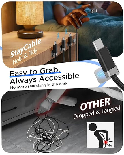 Magtame USB A to USB C Cable 5FT, StayCable with Built-in Magnetic Holder for Nightstand/Desk/Car, Type C Fast Charging Anti-Fall Cord with 2 Adhesive Metal Plates, Braid USB Data Cable for iPhone 17