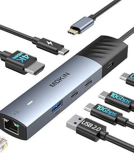 MOKiN 10Gbps USB C Hub Ethernet, 7 in 1 USB C Adapter for MacBook Pro/Air with 4K@60HZ HDMI, 3*USB-C 10Gbps Data, RJ45, USB 2.0, 100W PD, USB C Dongle for MacBook Pro/Air/Dell/HP/Thinkpad/Lenovo.