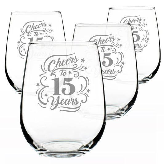 Cheers to 15 Years Stemless Wine Glass 15th Anniversary - 17 oz - Set of 4