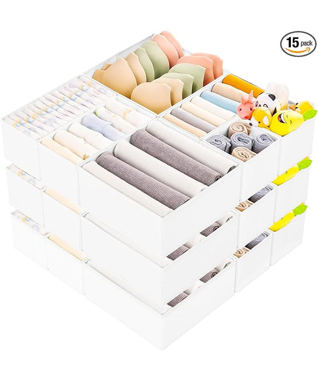 Criusia 15 Pack Drawer Organizer for Clothes, Foldable Dresser Dividers with 3 Sizes, Fabric Storage Bins – White