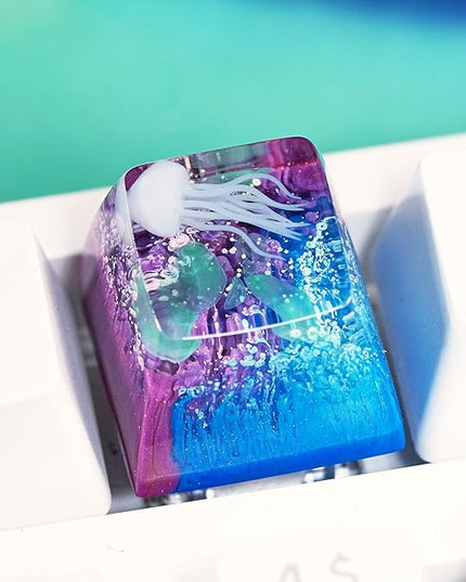 Jellyfish Artisan Keycap Purple Deep Blue Coral R1 SA Profile Custom Sea Creature Keycaps 1U ESC Handmade Gaming Sea Resin Key Cap Cherry MX Switch Compatible Mechanical Keyboard Jellyfish Lover Gift