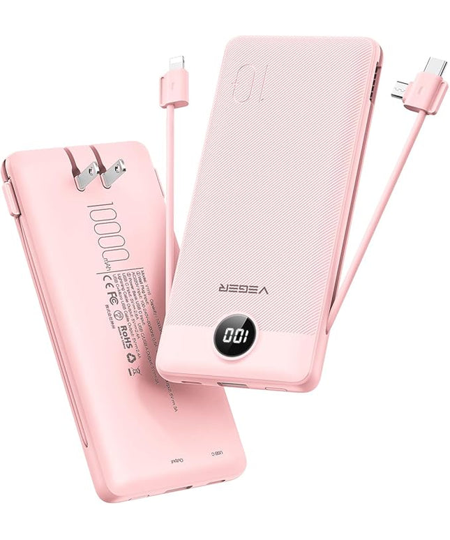 VEGER Portable Charger with Built-in AC Plug and Cables, All in One 10000mAh Ultra Slim Power Bank Travel Essentials, 15W Fast Charging Battery Pack Compatible with iPhone, Samsung, Android (Crepe)